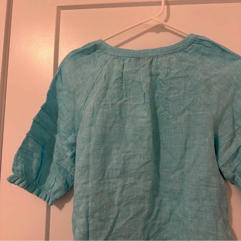 Talbots Aqua Blue Linen Peasant Tunic With Pleated Sleeves Size SP Women’s NWT - Picture 12 of 14